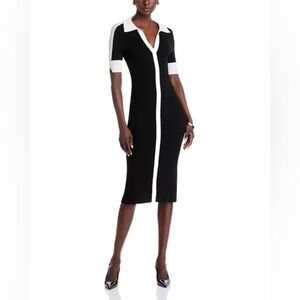 Elie Tahari The Myra Contrast Ribbed Midi Sweater Dress Sz L